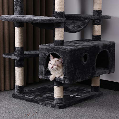 BEWISHOME Large Cat Tree Condo with Sisal Scratching Posts Perches Houses Hammock, Cat Tower Furniture Kitty Activity Center Kitten Play House Grey MMJ03B