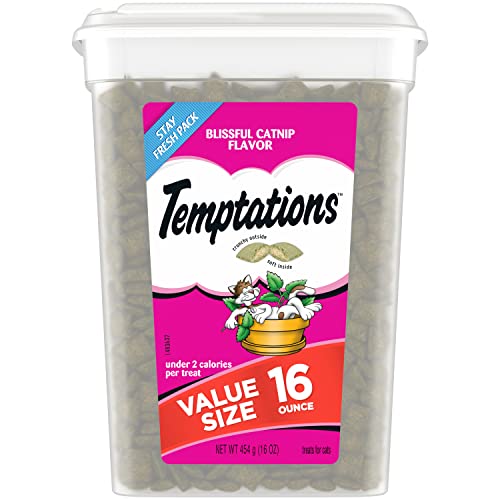 TEMPTATIONS Classic Crunchy and Soft Cat Treats Blissful Catnip Flavor, 16 Oz. Tub