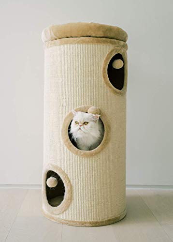 PAWMONA 37" 3 Story Cat Tree Condo Barrel Tower | Natural Sisal-Covered Scratch Barrel with Top High Edge Snuggle Bed | Machine Washable | Made in Georgia