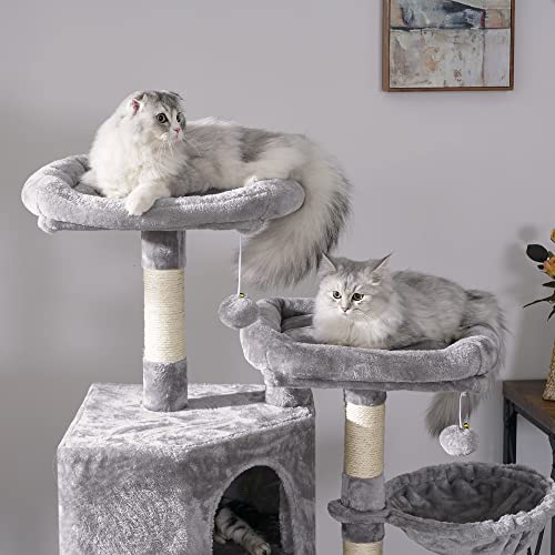 BEWISHOME Multi-Level Cat Tree Condo with Sisal Scratching Posts, Perches, Houses, Hammock and Baskets, Cat Tower Furniture Kitty Activity Center Kitten Play House Light Grey MMJ05G