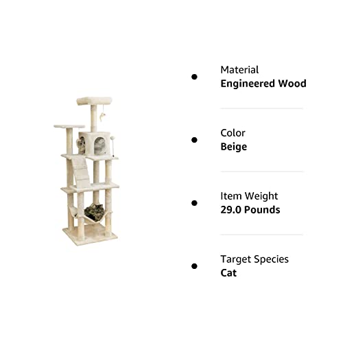 MWPO 63.8 inches Multi-Level Cat Tree for Large Cats with Sisal-Covered Scratching Posts, Padded Platform, Hammock and Condo,Stable Cat Tower Cat Condo Pet Play House-Beige