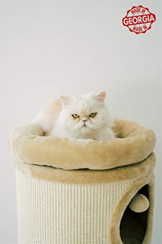 PAWMONA 37" 3 Story Cat Tree Condo Barrel Tower | Natural Sisal-Covered Scratch Barrel with Top High Edge Snuggle Bed | Machine Washable | Made in Georgia
