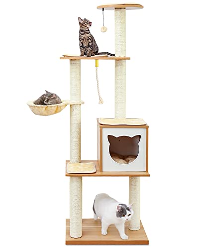Made4Pets 65.6 Inches Modern Cat Tree 6 Levels Cat Tower with Sturdy Scratching Posts, Large Condo, Soft Hammock and Removable Mats