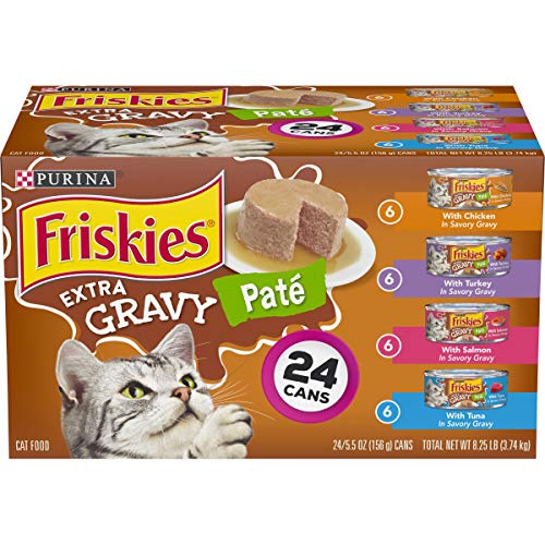 Purina Friskies Pate Wet Cat Food Variety Pack, Extra Gravy Pate Chicken, Turkey, Salmon & Tuna - (24) 5.5 oz. Cans