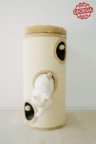 PAWMONA 37" 3 Story Cat Tree Condo Barrel Tower | Natural Sisal-Covered Scratch Barrel with Top High Edge Snuggle Bed | Machine Washable | Made in Georgia