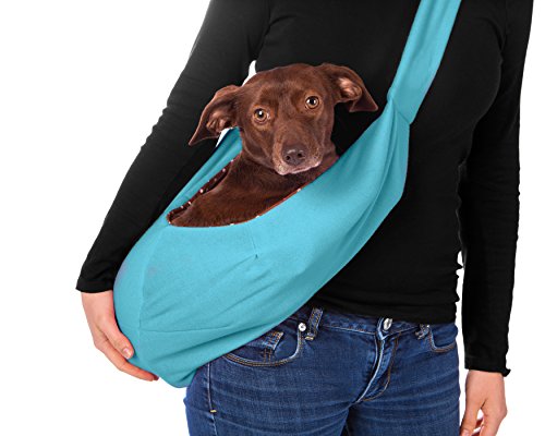 iPrimio Dog and Cat Sling Carrier  Hands Free Reversible Pet Papoose Light Blue Bag - Soft Pouch and Tote Design  Suitable for Puppy, Small Dogs, and Cats for Outdoor Travel