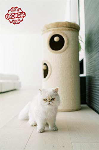 PAWMONA 37" 3 Story Cat Tree Condo Barrel Tower | Natural Sisal-Covered Scratch Barrel with Top High Edge Snuggle Bed | Machine Washable | Made in Georgia