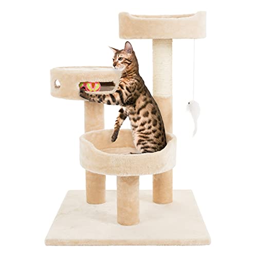 PETMAKER Cat Tree 3 Tier 2 Hanging Toys A 3 Ball Play Area and Scratching Post, 27.5", Tan