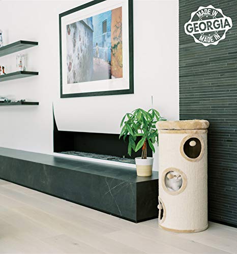 PAWMONA 37" 3 Story Cat Tree Condo Barrel Tower | Natural Sisal-Covered Scratch Barrel with Top High Edge Snuggle Bed | Machine Washable | Made in Georgia