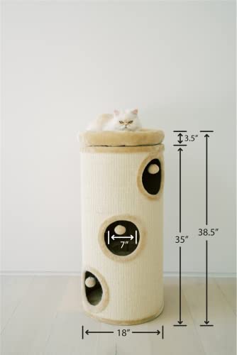 PAWMONA 37" 3 Story Cat Tree Condo Barrel Tower | Natural Sisal-Covered Scratch Barrel with Top High Edge Snuggle Bed | Machine Washable | Made in Georgia
