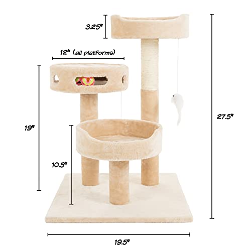 PETMAKER Cat Tree 3 Tier 2 Hanging Toys A 3 Ball Play Area and Scratching Post, 27.5", Tan