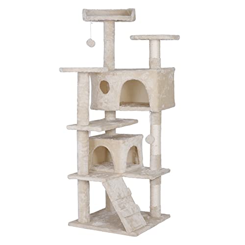 Nova Microdermabrasion 54.5 Inches Multi-Level Cat Tree Stand House Furniture Kittens Activity Tower with Scratching Posts Kitty Pet Play House (Beige)