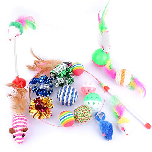 Cat Toys Kitten Toys Assortments, 16PCS Variety Kitty Toy Set Including Interactive Feather Teaser Toy, Mouse Tumbler, Mylar Crinkle Balls Rainbow Balls Bells Toys, for Chewing Playing (Random Color)