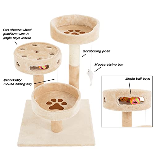 PETMAKER Cat Tree 3 Tier 2 Hanging Toys A 3 Ball Play Area and Scratching Post, 27.5", Tan
