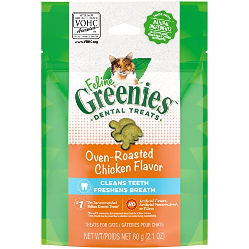 FELINE GREENIES Adult Natural Dental Care Cat Treats, Oven Roasted Chicken Flavor, 2.1 oz. Pouch