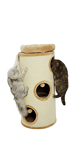 PAWMONA 37" 3 Story Cat Tree Condo Barrel Tower | Natural Sisal-Covered Scratch Barrel with Top High Edge Snuggle Bed | Machine Washable | Made in Georgia