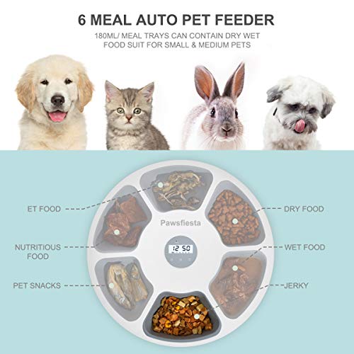 Pawsfiesta Automatic Pet Dog Cat Feeder with Programmable Digital Timer, 6-Meal Food Dispenser Trays, Power by USB or Battery, Portion Control, LCD Display, Feeds Wet or Dry Food