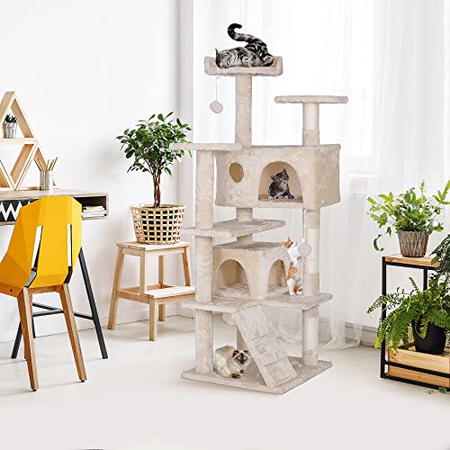 Nova Microdermabrasion 54.5 Inches Multi-Level Cat Tree Stand House Furniture Kittens Activity Tower with Scratching Posts Kitty Pet Play House (Beige)