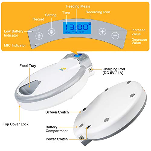 Casfuy 5-meals Automatic Cat Feeder - Auto Pet Feeder with Programmable Timer Dry and Wet Food Dispenser Voice Recorder & Speaker for Cat and Small Medium Dog Portion Control Dual Power Supply 5x240ml