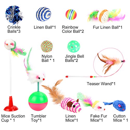 Cat Toys Kitten Toys Assortments, 16PCS Variety Kitty Toy Set Including Interactive Feather Teaser Toy, Mouse Tumbler, Mylar Crinkle Balls Rainbow Balls Bells Toys, for Chewing Playing (Random Color)
