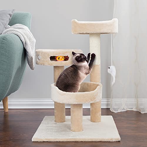 PETMAKER Cat Tree 3 Tier 2 Hanging Toys A 3 Ball Play Area and Scratching Post, 27.5", Tan
