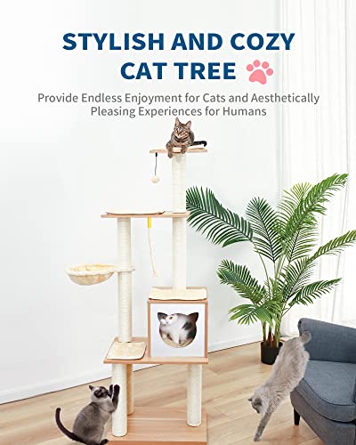 Made4Pets 65.6 Inches Modern Cat Tree 6 Levels Cat Tower with Sturdy Scratching Posts, Large Condo, Soft Hammock and Removable Mats
