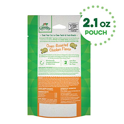 FELINE GREENIES Adult Natural Dental Care Cat Treats, Oven Roasted Chicken Flavor, 2.1 oz. Pouch