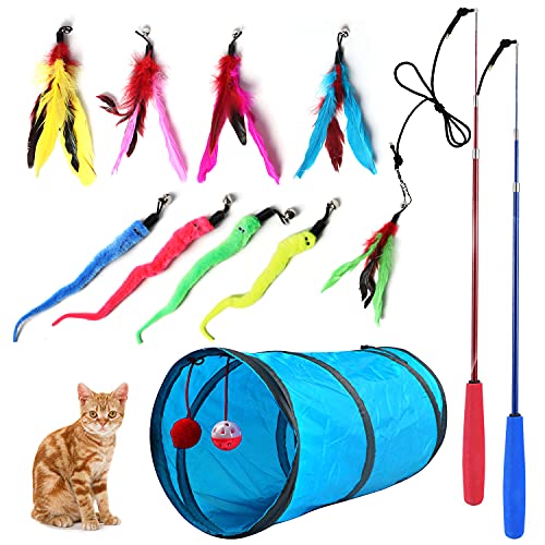 M JJYPET Retractable Cat Toy Wand, 12 Packs Interactive Cat Feather Toys, 9 Assorted Teaser Refills with Bell for Cat Kitten (Blue)
