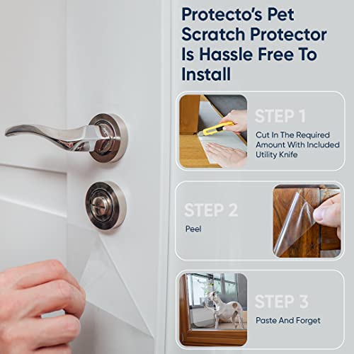 Pet Scratch Protector w/Custom-Cut Knife - Door Guard + Wood, Wall & Furniture Shield for Dog & Cat Scratching Deterrent, Defender & Repellent w/Super Sticky Self-Adhesive Backing by PROTECTO