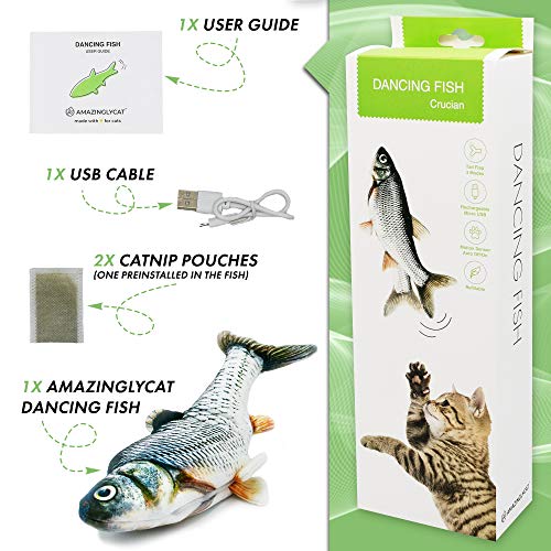 Dancing Fish Toy for Indoor Cats & Small Dogs  Motion Sensor Cat Toy with 2 Catnip Packets  USB-Chargeable, Soft, Durable, Washable, Low-Noise Flippity Fish Interactive Pet Gifts, 12x5 In.
