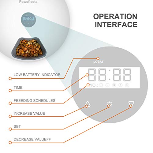 Pawsfiesta Automatic Pet Dog Cat Feeder with Programmable Digital Timer, 6-Meal Food Dispenser Trays, Power by USB or Battery, Portion Control, LCD Display, Feeds Wet or Dry Food