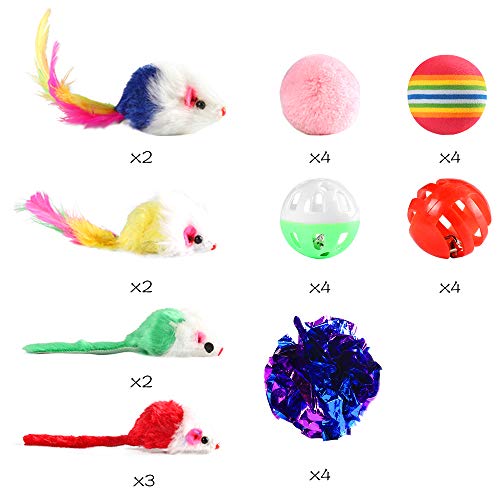 M JJYPET Cat Toys Kitten Toys Assortments(30 Packs),2 Way Tunnel,Cat Balls with Bells,Cat Feather Toy,Cat Mice Toy,Cat Crinkle Balls,Kitty,Kitten