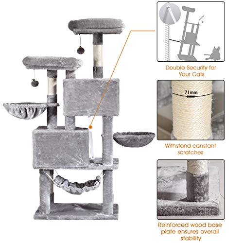 Multi-Level Cat Tree, MQ Cat Tower 57'' with Sisal-Covered Scratching Posts Cat Activity Center Play Furniture, Dual Plush Perch, Dual Cat House Condo & Basket, Removable Hammock for Kittens Large Cat
