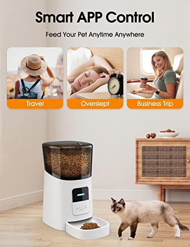 WOPET 6L Automatic Cat Feeder,Wi-Fi Enabled Smart Pet Feeder for Cats and Dogs,Auto Dog Food Dispenser with Portion Control, Distribution Alarms and Voice Recorder Up to 15 Meals per Day