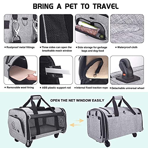 NOYAL Pet Carrier Airline Approved, Soft-Sided Dog Travel Carriers with Removable Wheels Perfect for Cats Pups & Small Animals (20.5" L × 13" W × 11" H)