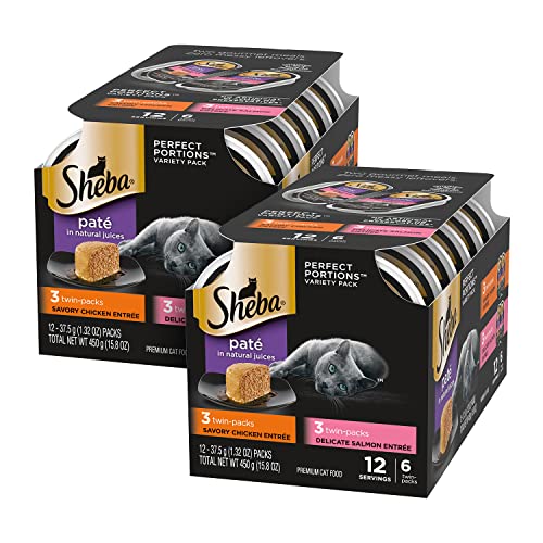 SHEBA PERFECT PORTIONS Soft Wet Cat Food Paté Multipack Delicate Salmon and Savory Chicken, (6) 2.6 oz. Easy Peel Twin-Pack Trays