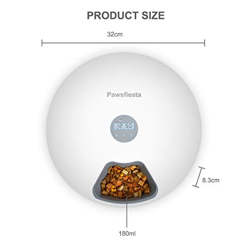 Pawsfiesta Automatic Pet Dog Cat Feeder with Programmable Digital Timer, 6-Meal Food Dispenser Trays, Power by USB or Battery, Portion Control, LCD Display, Feeds Wet or Dry Food