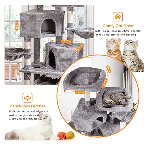 Multi-Level Cat Tree, MQ Cat Tower 57'' with Sisal-Covered Scratching Posts Cat Activity Center Play Furniture, Dual Plush Perch, Dual Cat House Condo & Basket, Removable Hammock for Kittens Large Cat