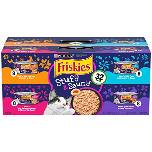 Purina Friskies Gravy Wet Cat Food Variety Pack, Stuf'd & Sauc'd with Chicken, Salmon & Shrimp, Tuna & Turkey - (32) 5.5 oz. Cans, New! Stuf'd & Sauc'd (050000505159)