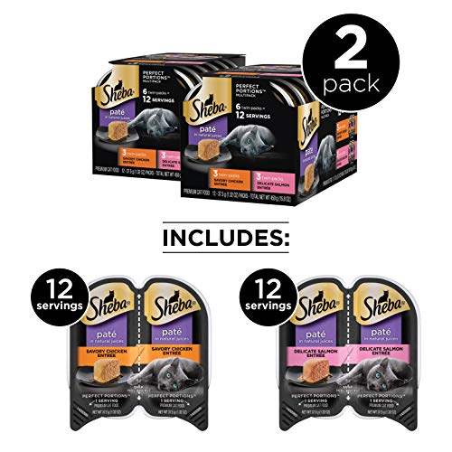 SHEBA PERFECT PORTIONS Soft Wet Cat Food Paté Multipack Delicate Salmon and Savory Chicken, (6) 2.6 oz. Easy Peel Twin-Pack Trays