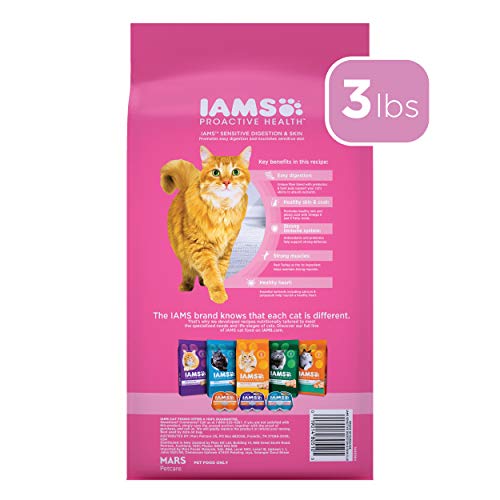 IAMS PROACTIVE HEALTH Adult Sensitive Digestion & Skin Dry Cat Food with Real Turkey Cat Kibble, 3 lb. Bag