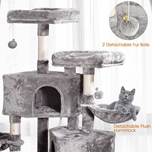 Multi-Level Cat Tree, MQ Cat Tower 57'' with Sisal-Covered Scratching Posts Cat Activity Center Play Furniture, Dual Plush Perch, Dual Cat House Condo & Basket, Removable Hammock for Kittens Large Cat