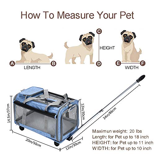 Bonnlo Cat Puppy Pet Wheels Rolling Carrier Stroller - 20"x12"x12" Soft Sided Pet Travel Carrier with BPA Free Travel Bowl, Removable Wheels & Durable Mesh Panels & Detachable Fleece Bed