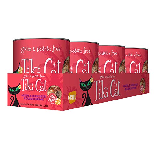 Tiki Pets Grill Grain Free Canned Wet Food with Whole Seafood in Broth for Cats and Kittens, Mackerel Sardine Calamari 4 cans 10oz