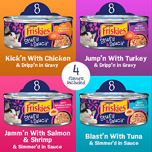 Purina Friskies Gravy Wet Cat Food Variety Pack, Stuf'd & Sauc'd with Chicken, Salmon & Shrimp, Tuna & Turkey - (32) 5.5 oz. Cans, New! Stuf'd & Sauc'd (050000505159)