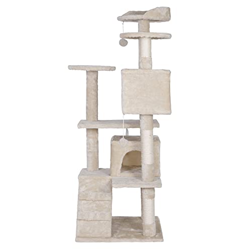Nova Microdermabrasion 54.5 Inches Multi-Level Cat Tree Stand House Furniture Kittens Activity Tower with Scratching Posts Kitty Pet Play House (Beige)