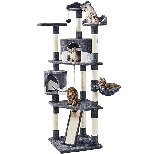 YAHEETECH 79in Multi-Level Cat Trees with Sisal-Covered Scratching Posts, Plush Perches and Condo for Kittens, Cats and Pets - Gray and White