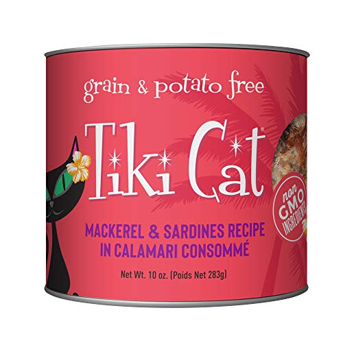 Tiki Pets Grill Grain Free Canned Wet Food with Whole Seafood in Broth for Cats and Kittens, Mackerel Sardine Calamari 4 cans 10oz