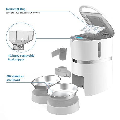 WellToBe Automatic Cat Feeder, Pet Feeder Food Dispenser for Cat & Small Dog with Two-Way Splitter and Double Bowls, up to 6 Meals with Portion Control, Voice Recorder - Battery and Plug-in Power