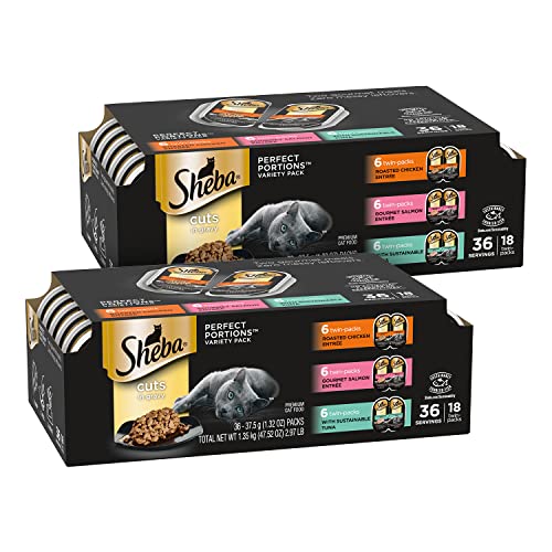 SHEBA PERFECT PORTIONS Multipack Cuts in Gravy Roasted Chicken, Gourmet Salmon, and Signature Tuna Entrée Wet Cat Food (18 Twin Packs) (36 servings)